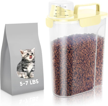 5-7Lbs Cat Dog Storage Container, Portable Pet Food Containers with Upgraded Large Spout and Cup, Small Animal Kibble Dispenser for Bird Seed, Oatmeal, Rice, Flour (1, Cream yellow, 5L)