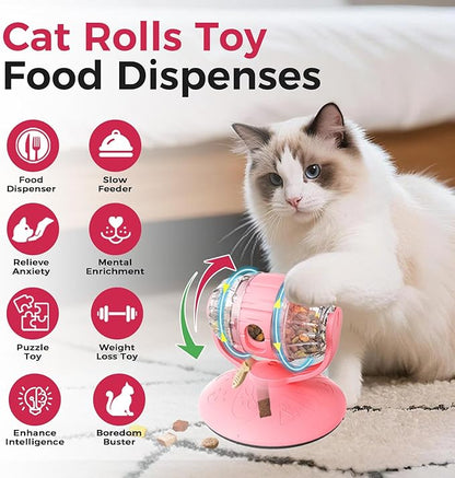 LAZYSEAL Cats Slow Feeder 4.6" High Cat & Dog Dry Food Dispenser Toy with Wine Barrel Spinner, Treat Dispenser for Boredom & Anxiety Relief, IQ Training for Small/Medium Pets (Pink)