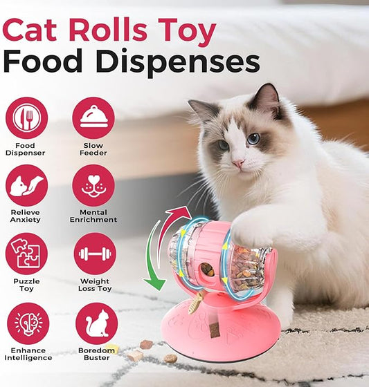LAZYSEAL Cats Slow Feeder 4.6" High Cat & Dog Dry Food Dispenser Toy with Wine Barrel Spinner, Treat Dispenser for Boredom & Anxiety Relief, IQ Training for Small/Medium Pets (Pink)