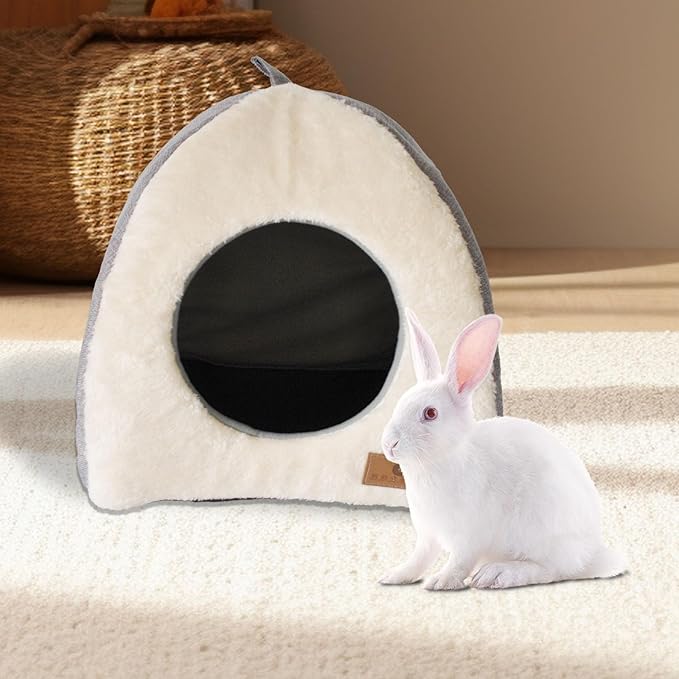 kathson Rabbit Bed Warm Hideout Bunny Cave Beds House Cozy Guinea Pig Hideouts with Foldable Winter Sleeping Nest for Small Animals Cats Hamsters Chinchillas Ferrets (Creamy White)