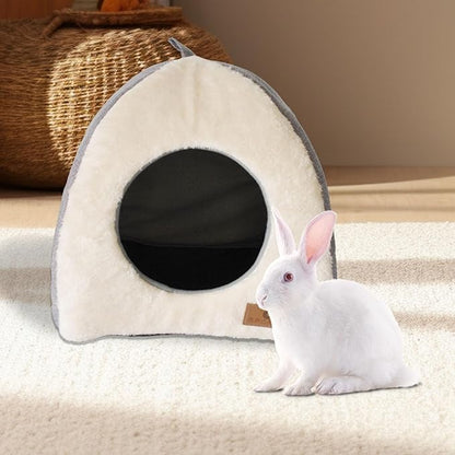 kathson Rabbit Bed Warm Hideout Bunny Cave Beds House Cozy Guinea Pig Hideouts with Foldable Winter Sleeping Nest for Small Animals Cats Hamsters Chinchillas Ferrets (Creamy White)