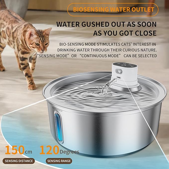 Wireless Cat Water Fountain Stainless Steel, Battery Operated, Cordless Pet Water Fountain for Cats & Dogs with Motion Sensor, Ultra Quiet Pump, 12 Filters (SS, 8L)