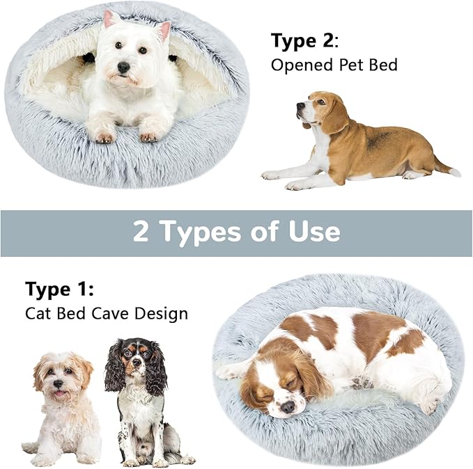 Calming Cat Beds, Fluffy Plush Round Cat Cave Washable, Cozy Warming Anti-Slip Small Dog Bed for Puppy and Kitten, Soft Anti Anxiety Pet Nest (28×28 inch, Grey)