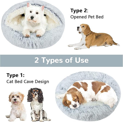 Calming Cat Beds, Fluffy Plush Round Cat Cave Washable, Cozy Warming Anti-Slip Small Dog Bed for Puppy and Kitten, Soft Anti Anxiety Pet Nest (28×28 inch, Grey)