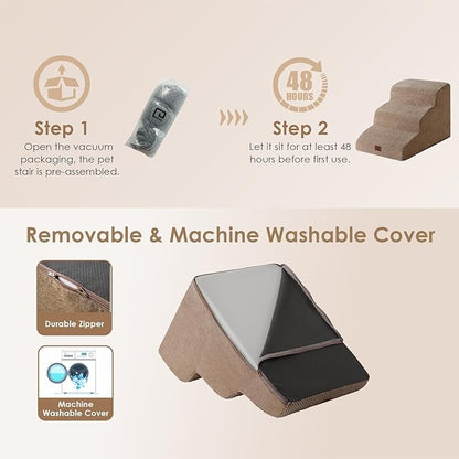 EHEYCIGA Curved Dog Stairs Ramp for Small Dogs 15.7" H, 3-Step Dog Steps for Couch Sofa and Chair, Pet Stairs for Cats, Non-Slip Balanced Pet Steps Indoor, Camel