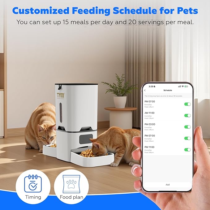TYM Dual Automatic Cat Feeder 2 Cats, 7L Timed Cat Food Dispenser for Multiple Pets, Double Auto Dog Feeder with Slow Feed, WiFi Programmable Feeders Smart App Control, Steel Double Bowls Easy Clean