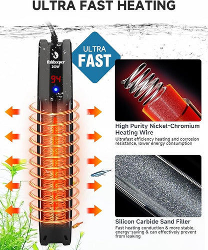 fishkeeper 300W/500W/800W Adjustable Submersible Aquarium Heater - PID Electronic Smart Thermostat Fish Tank Heater with Out-of-Water/Run-Dry/Overheat/Low-Temp Protection for 40-220 Gal Fish Tanks