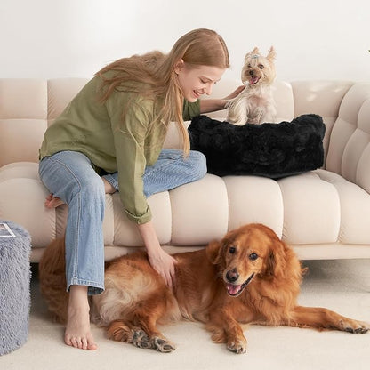 EHEYCIGA Medium Dog Bed and Large Cat Couch – Fluffy Faux Rabbit Fur Pet Sofa for Small and Medium Dogs, Washable Removable Cover, Waterproof and Non-Slip, 30 Inch, Black