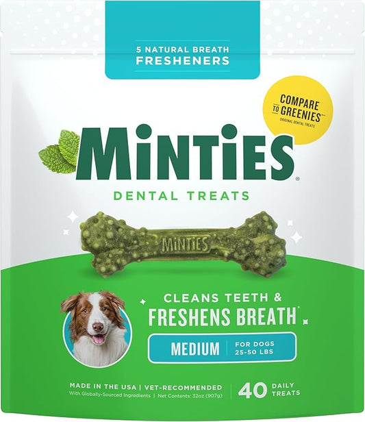 Minties Dental Chews for Dogs, 40 Count, Vet-Recommended Mint-Flavored Dental Dog Treats for Medium Dogs, Bones Clean Teeth, Fight Bad Breath, and Removes Plaque and Tartar