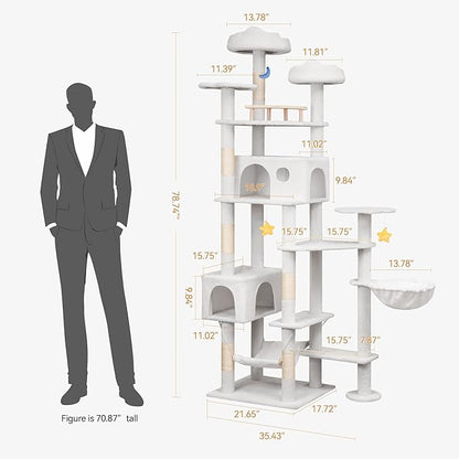 79in Tall Cat Tower for Heavy Duty Big Cats, Large Cat Tree with Scratching Post, Plush Perches, Cozy Cat Condos & Hanging Hammocks for Maine Coon, White