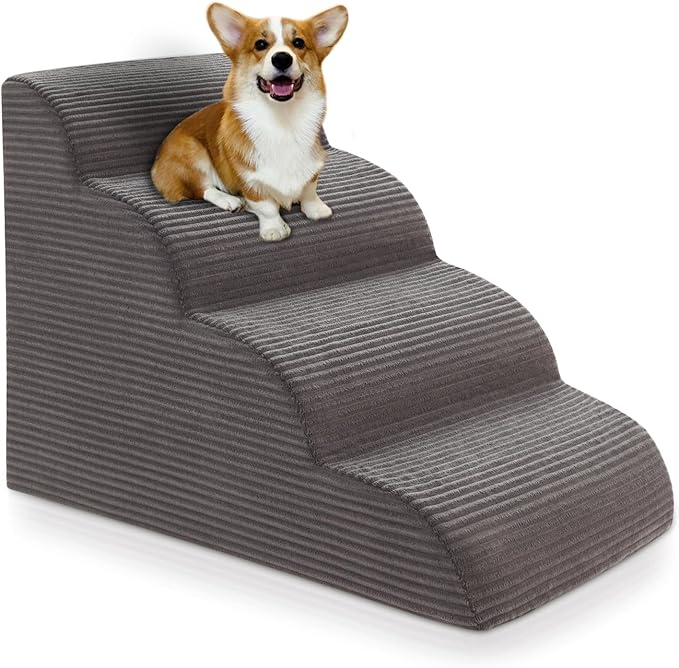 Curved Dog Stairs Ramp for High Beds 19.7" H, 4-Step Dog Steps for Small Dogs and Cats, Removable and Washable Pet Stairs for High Bed Climbing, Non-Slip Balanced Pet Step Indoor, Deep Grey