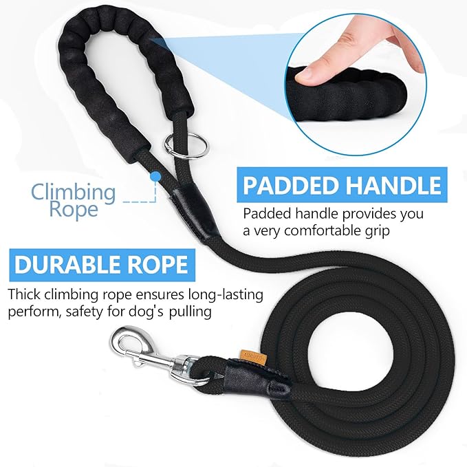 Dog Leash, Braided Rope Traction – Walking Training Lead for Small Dogs ((1/3") x 6FT, Black)