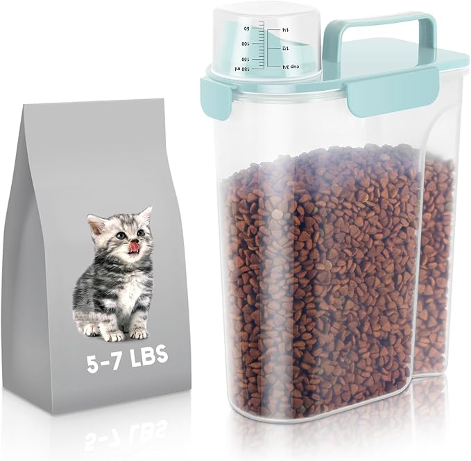 5-7Lbs Airtight Cat Dog Food Storage Container Portable with Upgraded Large Spout and Cup, Plastic Pet Dispenser for Small Animal Kibble, Bird Seed, Oatmeal, Rice, Flour, Brown Sugart-Sky Blue