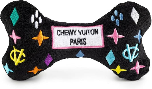 Haute Diggity Dog Black Monogram Chewy Vuiton Bone, Plush Designer Dog Toys with Interactive Squeaker, Stimulating Pet Enrichment, Machine-Washable & Safe Materials for All Breeds, Size Large