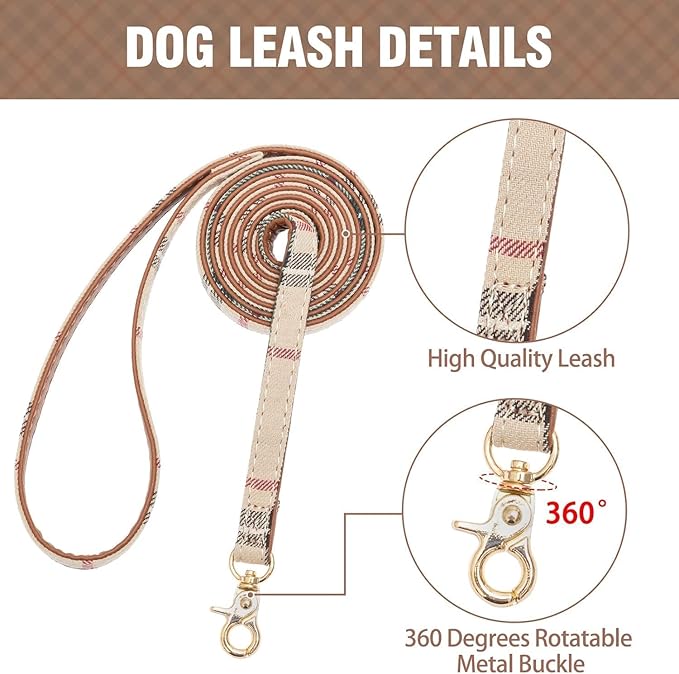 KOOLTAIL Small Dog Collar and Leash Set with Bowtie and Bells - Puppy Collar and Leash for Boy or Girl with Classic Plaid Matching Pattern, Soft Leather Tangle Free Leashes for Small Dogs,Cats,Beige