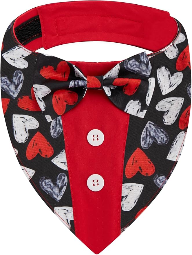 Valentine Dog Tuxedo Bandana with Bow Tie, Adjustable Tuxedo Style Heart Pattern Pet Costume for Dogs, XS to XL
