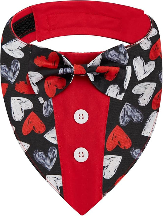 HDGDT Valentine Dog Tuxedo Bandana with Bow Tie, Adjustable Tuxedo Style Heart Pattern Pet Costume for Dogs, XS to XL