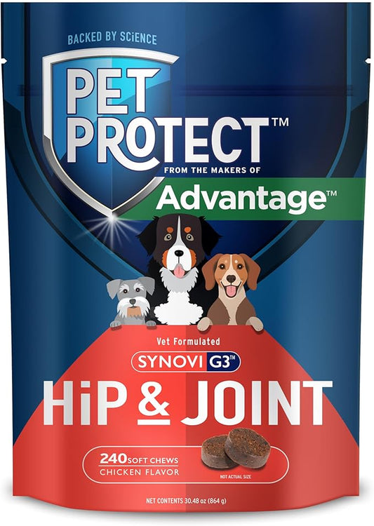 Pet Protect Dog Hip & Joint Supplement for Occasional Joint Stiffness, Vet-Formulated Synovi G3, Dog Glucosamine, Chicken-Flavored Soft Chews (240 Count)