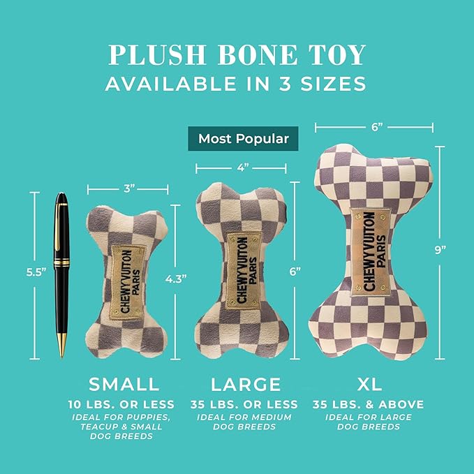 Haute Diggity Dog Checker Chewy Vuiton Bone, Plush Designer Dog Toys with Interactive Squeaker, Stimulating Pet Enrichment, Machine-Washable & Safe Materials for All Breeds, Size XL