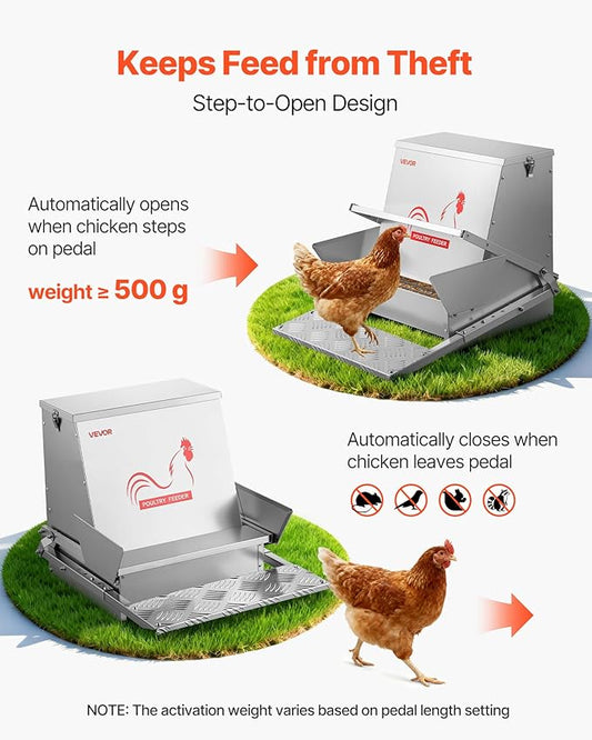 VEVOR Automatic Chicken Feeder, 40 lbs Capacity, Rainproof Treadle Poultry Feeder with Lockable Lid, No Waste, Galvanized Steel Construction, Outdoor Use, for Chicken, Bantams, Poultry, Pheasants