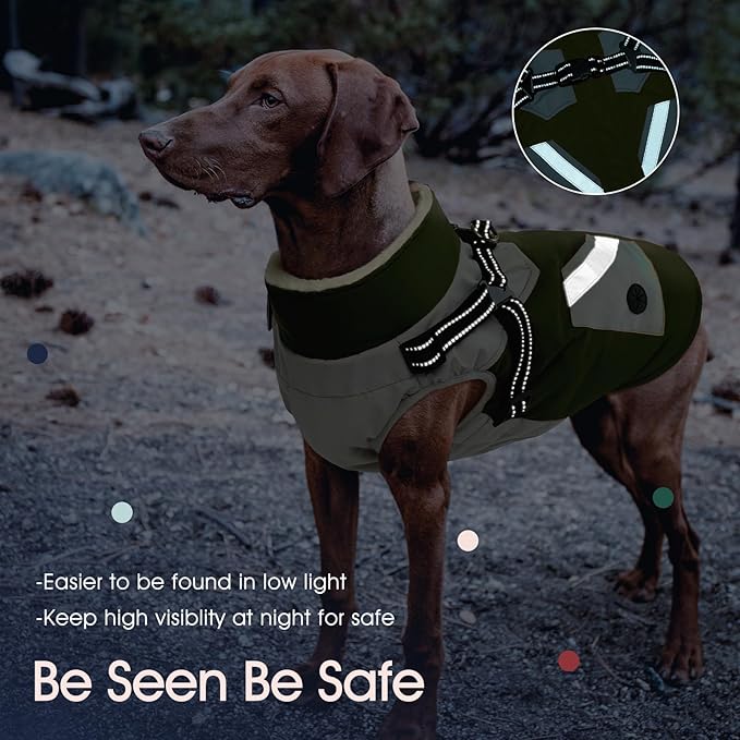 IECOii Dog Coat for Large Dogs Waterproof Dog Winter Jacket with Harness Built in, Green - XXLarge, Thermal Warm Fleece Lined, Reflective Dogs Jackets for Cold Weather Camping, Hiking, Pitbull