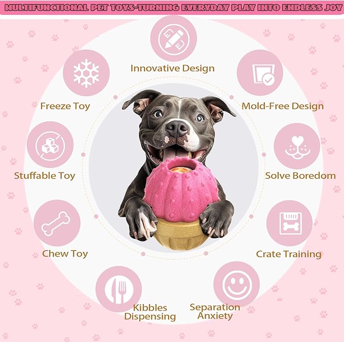 Frozen Treat Dispensing Dog Toy for Aggressive Chewers, Indestructible Chew Toys, Slow Puzzle Feeder for Small Medium Large Breed to Keep Them Busy, Reduces Anxiety, Easy to Clean, Pink