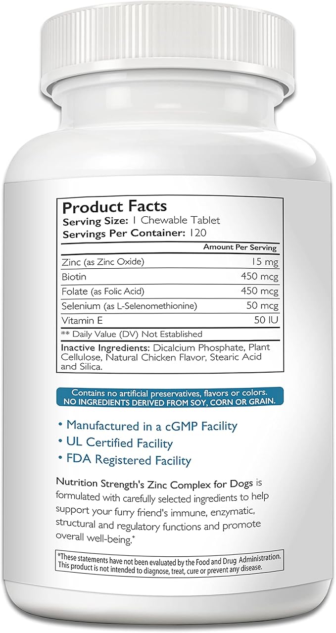 Zinc for Dogs to Support Healthy Skin & Coat, Promote Normal Growth, Balanced Immune Function & Cellular Metabolism, with Biotin, Folate, Selenium & Vitamin E, 120 Chewable Tablets