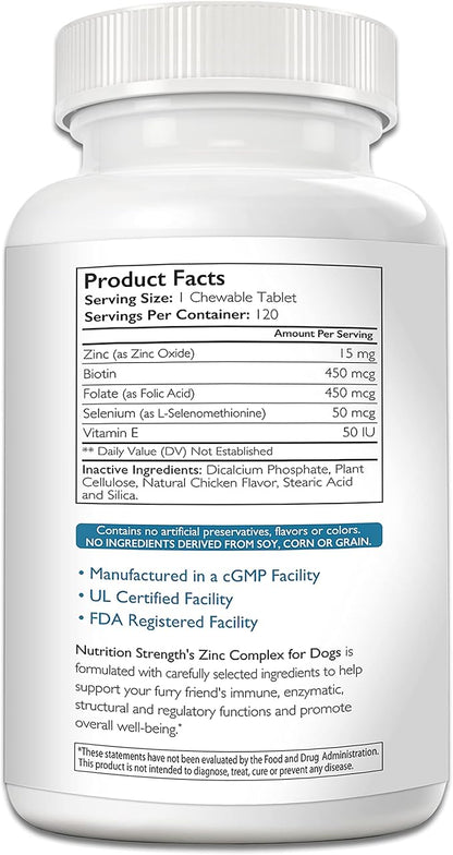 Zinc for Dogs to Support Healthy Skin & Coat, Promote Normal Growth, Balanced Immune Function & Cellular Metabolism, with Biotin, Folate, Selenium & Vitamin E, 120 Chewable Tablets