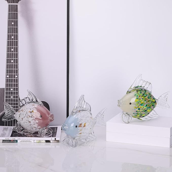 Large Hand Blown Glass Fish Figurines, Aquarium Sea Glass Art, Blue White Fish Statue Sculpture Modern Coastal Accent - for Beach Knick Knacks, Coffee Tables, Nautical Offices Centerpiece