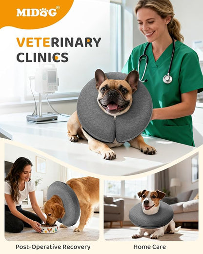 MIDOG Inflatable Dog Cone Collar – Soft Dog Cone Alternative After Surgery, Comfortable Recovery Neck Donut ECollar for Small Medium & Large Dogs and Cats to Stop Licking & Vision-Friendly (Grey,S)