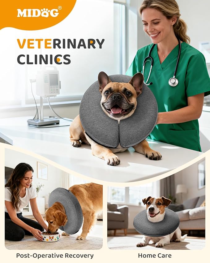 MIDOG Inflatable Dog Cone Collar – Soft Dog Cone Alternative After Surgery, Comfortable Recovery Neck Donut ECollar for Small Medium & Large Dogs and Cats to Stop Licking & Vision-Friendly (Grey,XS)