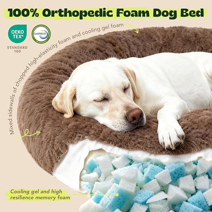 XXXL Orthopedic Dog Bed for Extra Large Dogs with Dount Plush Removable Cover Washable,Giant Circle Lounge Pet Bed Waterproof Foam Cuddler Cooling Gel Sofa for Anxiety Old Fluffy Friends Spine Camel