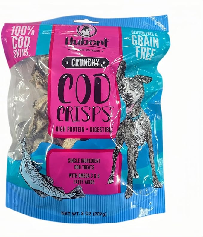 Hubert Pet Premium Cod Skin Crisps - Single Ingredient Gourmet Dog Treats, 8 oz Resealable Trial Size Bag