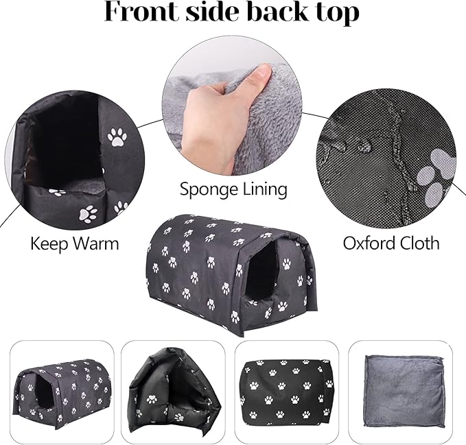 Fhiny Stray Cats Shelter, Waterproof Outdoor Cat House Foldable Warm Pet Cave for Winter Wild Animal Tent Bed Anti-Slip Kitten Cave for Feral Cat Dog Puppy Weatherproof Black (L:21.7"×16"×14.5")