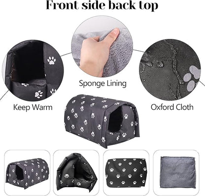 Fhiny Stray Cats Shelter, Waterproof Outdoor Cat House Foldable Warm Pet Cave for Winter Wild Animal Tent Bed Anti-Slip Kitten Cave for Feral Cat Dog Puppy Weatherproof Black (M:17.7"×15.7"×13.7")