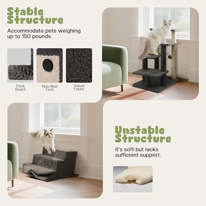 4-Step Pet Steps for Cats/Dogs, Cat Stairs with Sisal Scratching Post, Cat Steps for Older Cats with Enlarge Perch, Pet Stairs for High Bed and Couch, Gray