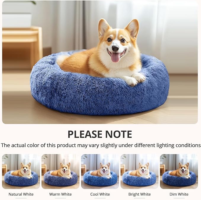JOLLYVOGUE Small Dog & Cat Beds for Indoor Cats, Donut Cuddler Warming Soft Dog Beds with Anti-Slip Bottom, Round Calming Fluffy Plush Faux Fur Cushion Bed for Small Dogs (20", Navy Blue)