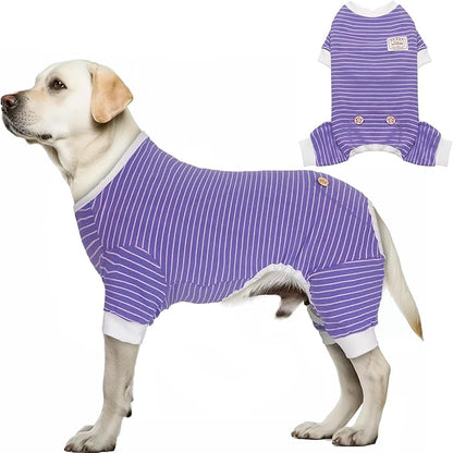 KYEESE Dog Pajamas Striped Clothes Pet PJS Lightweight Doggie Jammies 4 Legs Outfit Soft Dog Pajamas Cozy Pet Clothes Onesie Comfortable PJS for Medium Dogs Doggie Onesie,Purple Striped, XX-Large