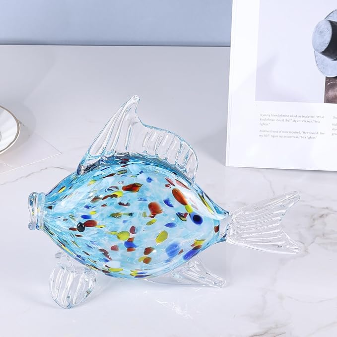 LCCCK Large Hand Blown Glass Fish Figurines, Aquarium Sea Glass Art, Fish Statue Sculpture Modern Coastal Accent - for Beach Knick Knacks, Coffee Tables, Nautical Offices Centerpiece (Aqua)