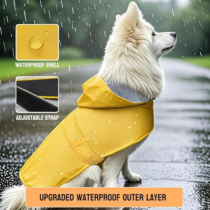 Dog Raincoat Dog Rain Jacket Poncho Waterproof Snowproof Pet Rain Suit Lined Warm Lining Hooded Leash Hole Adjustable for Medium Dogs,Yellow,XXXL