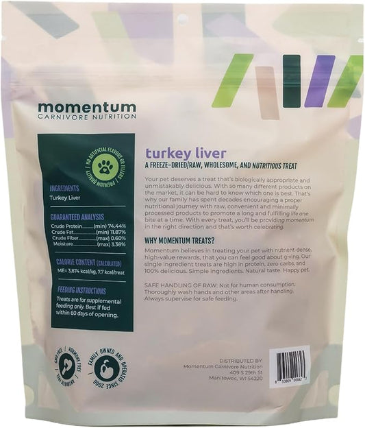 Momentum Carnivore Nutrition Freeze-Dried Turkey Liver Dog Treats & Cat Treats – Single-Ingredient, High-Protein, Grain-Free, Naturally Flavorful & Lean – Made in USA – 3.5 oz Bag