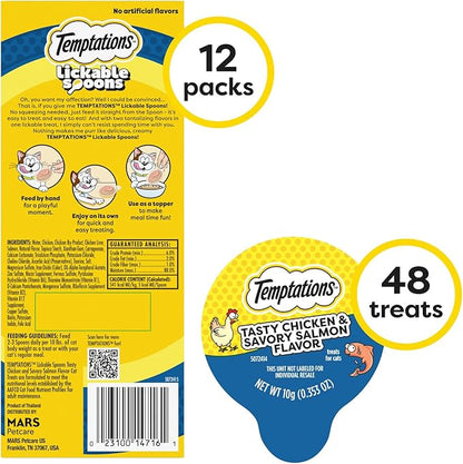Temptations Lickable Spoons Adult Wet Cat Treat, Tasty Chicken and Savory Salmon Flavor, 4 Spoons, Pack of 12 (48 Total Treats)