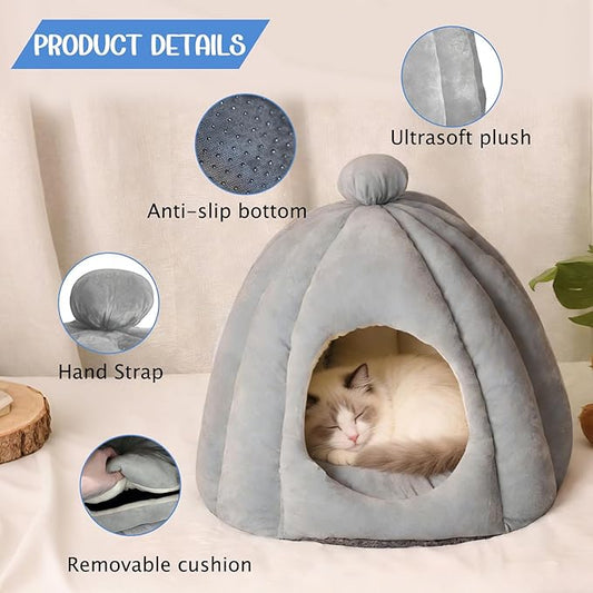 Cat Bed for Indoor Cats - Adorable Cozy Pumpkin Cat Cave with Removable Cushion, Super Soft Pet House Tent for Kittens & Small Pets, Warm & Washable Non-Slip Design(S 15 inch, Light Gray)