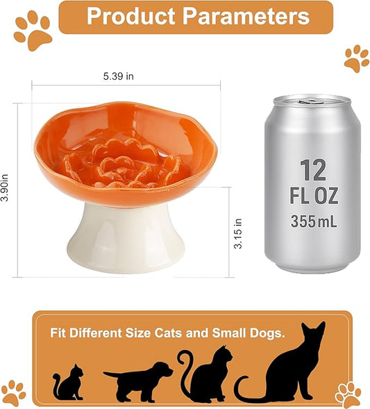 Ceramic Slow Feeder Bowl for Cats and Small Dogs, Elevated Tilted Pet Food Dish, Whisker Friendly Anti-Vomit Design, Heavy Stable Base, Dishwasher Safe， 5 Colors Options (Tangerine Orange)