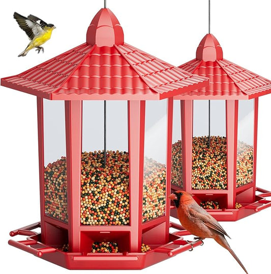 Birdream 2 Pack Bird Feeders for Outdoor Hanging, Retro Pagoda Design Fun Installation Bird Feeder, Attracting Wild Birds Chickadees Goldfinches Cardinals Finches and Sparrows - Red