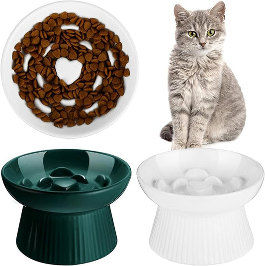 Tioncy 2 Pcs Raised Cat Slow Feeder Bowl Ceramic Elevated Cat Dog Food Bowl No Spill High Edge for Dry Wet Food and Water Easy to Clean, Dishwasher Safe(Dark Green, White)