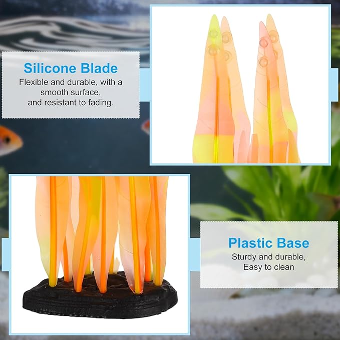 Aquarium Decoration, 7" Plastic Fish Tank Plants Artificial Silicone Glowing Kelp Aquarium Plants Ornament, (Orange, 1 Pcs), Intended for Tall Fish Tank Decor/Landscaping