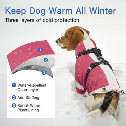 XL Winter Coat for Medium Dogs,Reflective Harness Built in | Turtleneck Dog Snowsuit with Sleeves for Snow Day Keep Warm,Outdoor Activities Water-Repellent & Windproof Jacket(Pink)
