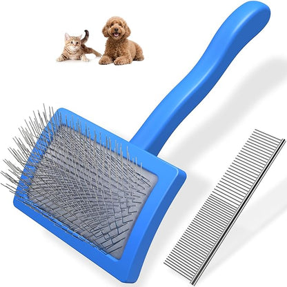 2PCS Slicker Brush for Dogs & Pet Comb,Professional Dog Grooming Brush (Cats,Goldendoodles,Poodles,Labradoodles) with Extra Long Pins to Effectively Remove Tangles, Knots and Mats (Blue, Medium)