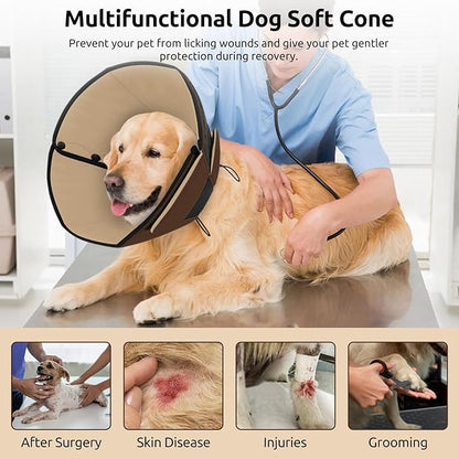 Queenmore Dog Cones for Large Dogs, Soft Dog Cone for Large Breeds, Cone for Dogs After Surgery, Adjustable Elizabethan Collar for Pet to Prevent Licking Wounds, Brown L
